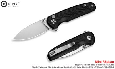 CIVC20052F1 — Couteau Civivi Mini Shakan Lame Acier Nitro-V Drop Point Satiné Manche Aluminium Noir Button Lock Livraison Gratuite