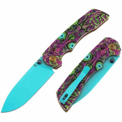 T1001V9 Tenable Kryo – Couteau Pliant Lame Acier 14C28N Bleu Drop Point, Manche Jade G10 Purple Undead Print, Crossbar Lock Kim Ning Design – Livraison Gratuite