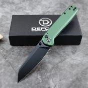 TD015OD Couteau Defcon Tier 2 Sheepfoot Sandvik 14C28N Lame Noire Manche Aluminium Olive Sécurité Button Lock - Livraison Gratuite