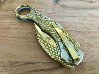 EE10A120GD ElitEdge Mermaid Karambit - Couteau Pliant A/O Lame Acier 440C Gold Manche Acier Sculpté Anneau Linerlock - Livraison Gratuite