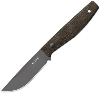 KI1121A1 — Couteau Kizer Dingo Lame Acier AEB-L 58-60 HRC Gray PVD Stonewash Modified Drop-Point Manche Micarta Burlap Marron Lame Fixe Étui Kydex Livraison Gratuite
