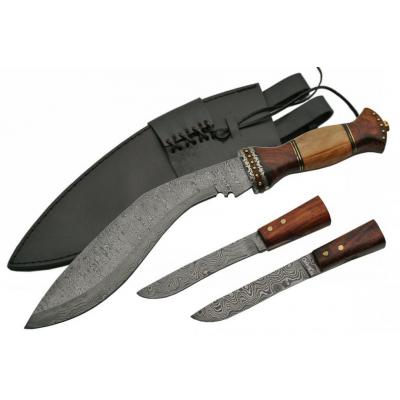 Couteau Kukri Damas Acier 256 Couches Manche Bois d'Olivier Etui Cuir 2 Petits Couteaux Damas DM1134 - Free Shipping