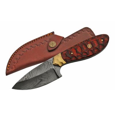 DM1200 Couteau Damascus Mosaic Hunter 256 Couches Manche Rouge Etui Cuir - Livraison Gratuite