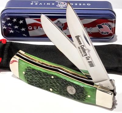 QGPSB206L Couteau Queen Cutlery 2 Lames Lame Clip/Spey Acier 1095 Manche Os Vert Liner Lock - Livraison Gratuite