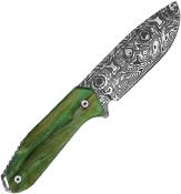 TKF502GNCS — Couteau Takumitak Lame Acier 3Cr13 Drop Point Motif Damas Gravé Acide Manche Résine Verte Phosphorescente Housse Nylon - Livraison Gratuite