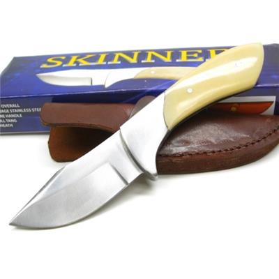 Couteau de Chasse Skinner Lame Acier Carbone/Inox Manche Os Etui Cuir PA3343 - Free Shipping