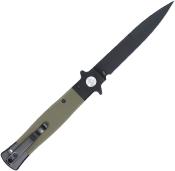 CBTSTBLODBK — Couteau Cobratec Knives Stiletto Button Lock Lame Acier VG-10 Stiletto Noire Mitres Inoxydables Manche G10 Vert OD Livraison Gratuite