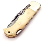 FHKBNE001 Couteau FH Knives Damas Bone Pliant Lame 128 Couches Etui Cuir - Livraison Gratuite