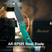 J1945DLG — Couteau CJRB Pyrite Light Lame Acier AR-RPM9 Wharncliffe Stonewash Manche FRN Button Lock - Livraison Gratuite