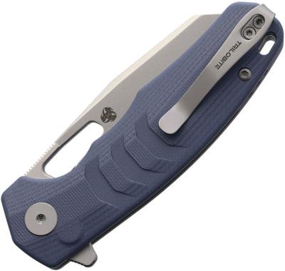 PKFE17BW Petrified Fish Trilobite | Couteau Lame Reverse Tanto Acier Sandvik 14C28N | Manche Blue G10 Button Lock - Livraison Gratuite