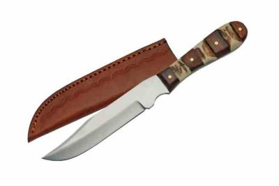 SS7026  Steel Stag Mini Hunter | Couteau Lame Clip Point Acier Inox | Manche Os/Bois Housse Cuir marron - Livraison Gratuite 