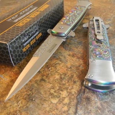 Couteau Tac Force Skull Stiletto A/O Acier 440 Manche Rainbow/Titane Décor Têtes de Mort TF865RB - Free Shipping