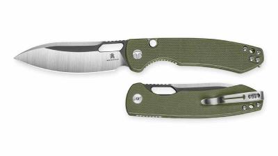 BTKMK05C — Couteau Bestechman Firebird Lame Acier D2 Drop Point Satin + Black PVD Manche Plaquettes G10 Vert OD Button Liner Lock Thumb Hole - Livraison Gratuite