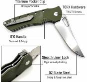 HBKBLKRG Heibel Knives - Couteau Blackhawk Olive Manche G-10 Lame Acier D2 Clip Point Linerlock - Livraison Gratuite