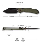 J1942XBGN — Couteau CJRB Pyrite Bowie AR-RPM9 Black PVD Lame Acier 59-61 HRC Manche G10 Vert Top Liner Lock Chasse Bushcraft Livraison Gratuite