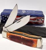 QAWB206L Couteau Queen Lame Clip/Spey Acier 1095HC Manche Os Amber Winter Made USA - Livraison Gratuite