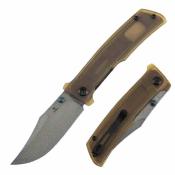 B2108A5 Couteau TENABLE Bison Lame Acier Damas Water Ripple Manche Ultem Amber Liner Lock - Livraison Gratuite