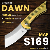  KI3673A1 Couteau Kizer Dawn Gold - Lame Cleaver Acier S35VN - Manche Titane - Sécurité Frame Lock - Livraison Gratuite