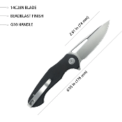 KUB210E Kubey Dugu – Couteau Pliant Liner Lock | Lame Drop Point Beadblast 14C28N | Manche G10 Noir Bearing - Livraison Gratuite