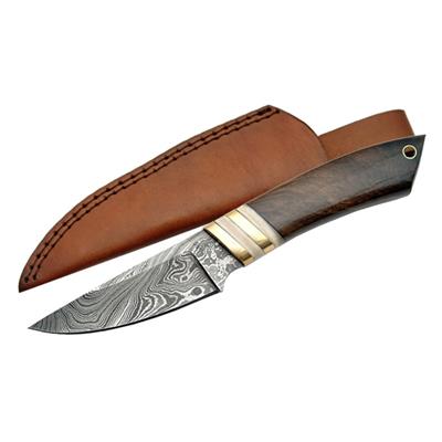 Couteau Damas Skinner Lame Acier 256 Couches Manche Bois/Os Etui Cuir DM1099 - Free Shipping