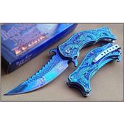 Couteau Dark Side Dragon A/O Lame Acier Inox Blue Titane Manche Acier Décor Dragon DSA019BL - Free Shipping