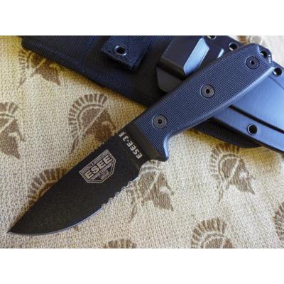 Couteau ESEE Model 3 Black Acier Carbone 1095 Manche G-10 Noir Etui Kydex + Molle Made USA ES3MILSBLK - Free Shipping
