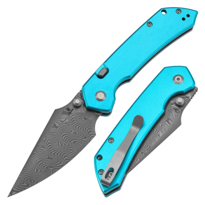 B1034H8 — Couteau Tenable Fenrir Acier Damas Blackwash Harpoon Manche Aluminium Bleu Top Liner Lock Livraison Gratuite