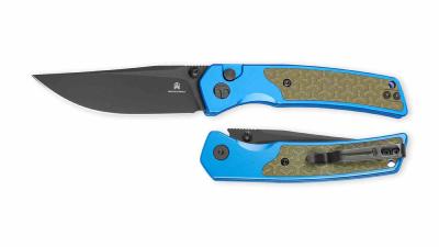 BTKMK16E Bestechman Icebreaker – Couteau pliant Button Lock Lame Acier D2 Black Manche Blue Alu & OD Green G10 - Livraison Gratuite