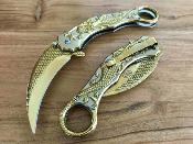 EE10A120GD ElitEdge Mermaid Karambit - Couteau Pliant A/O Lame Acier 440C Gold Manche Acier Sculpté Anneau Linerlock - Livraison Gratuite