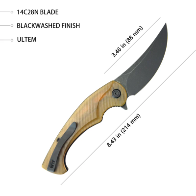 KUB173H Couteau Kubey Scimitar Yellow Ultem Lame Blackwash Acier 14C28N IKBS - Livraison Gratuite