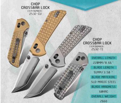 NMB2532CU North Mountain Blade - Couteau Chop Crossbar Lock Lame Acier SLD Tanto Manche Laiton - Livraison Gratuite