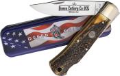QGSH106 Couteau Queen Lockback Lame Clip Point Acier 1095 Manche Os Cerf Brûlé Sécurité Backlock - Livraison Gratuite