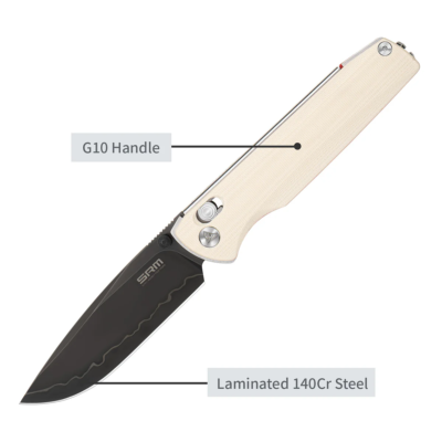 SRM258LGX2 Couteau SRM Terrier 258L-GX2 Lame Acier Laminé 140Cr Manche G10 White Ambi Lock - Livraison Gratuite