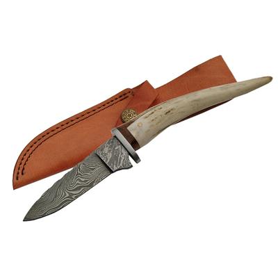 Couteau Lame Damas 256 Couches Spike Manche Bois de Cerf Etui Cuir DM1145 - Free Shipping