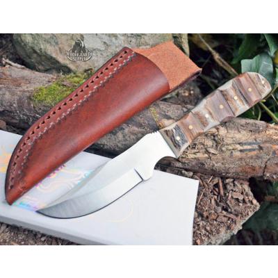 Couteau Steel Stag Finger Grip Skinner Lame Acier inox Manche Bois & Bois de Cerf Etui Cuir SS7020 - Free SHipping