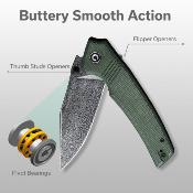 CIVC23027DS1 — Couteau Civivi Tranquil Lame Acier Damas Clip-Point Manche Micarta Canvas Vert Linerlock EDC Livraison Gratuite