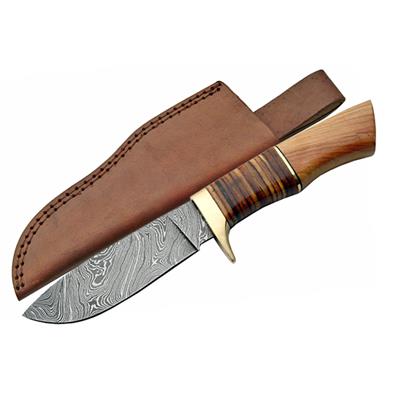 Couteau Damas Hunter Wood/Leather Handle Lame Acier 256 Couches Etui Cuir DM1100 - Free Shipping