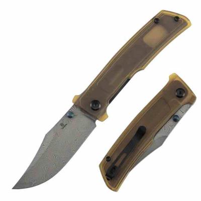 B2108A5 Couteau TENABLE Bison Lame Acier Damas Water Ripple Manche Ultem Amber Liner Lock - Livraison Gratuite