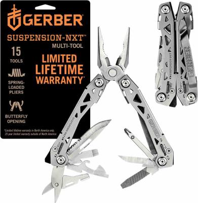 Gerber Suspension-NXT – Multitool 15 Fonctions Lame Acier Inox Satin, Manches Acier Inox Ajourés, Clip Poche – Livraison Gratuite