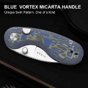 KIV2742A6 Kizer Microbe – Couteau Lame Acier 14C28N Satin Drop Point Manche Vortex Micarta Blue Button Lock – Livraison Gratuite