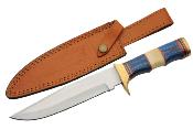 PA203457 Couteau Sailor's Delight Hunter Lame Acier Satinée Manche Bois Bleu Garde en Laiton Etui Cuir - Livraison Gratuite