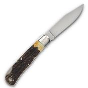 QGSH106 Couteau Queen Lockback Lame Clip Point Acier 1095 Manche Os Cerf Brûlé Sécurité Backlock - Livraison Gratuite