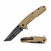 USMA3007TN Couteau pliant USMC | Lame Tanto combo Acier inox | Manche nylon Tan | Ouverture assistée Licence USMC - Livraison Gratuite