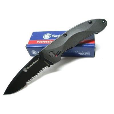 Couteau Automatique Smith&Wesson Lame Acier 4034 Serrat Manche Aluminium Gray SW6000BS - Free Shipping