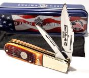 QAWB281 Couteau Queen Barlow Lame Clip/Spear Acier 1095HC Manche Os Amber Winterbottom Slip Joint - Livraison Gratuite
