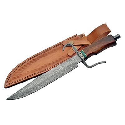 Couteau Damas Bowie Wood Handle Lame & Garde Acier 256 Couches Manche Bois Etui Cuir DM1106 - Free Shipping
