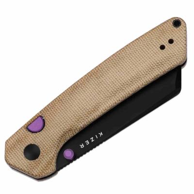 KIV3693BSA1 Couteau Kizer Madrac | Lame Acier 14C28N Black PVD Sheepsfoot | Manche Norplex Micarta Brown | Button Lock | Livraison Gratuite