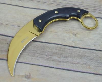 MT2084GD Karambit MTech Lame Hawkbill Acier 3Cr13 | Finition Dorée | Manche Pakkawood Noir Étui Nylon - Livraison Gratuite