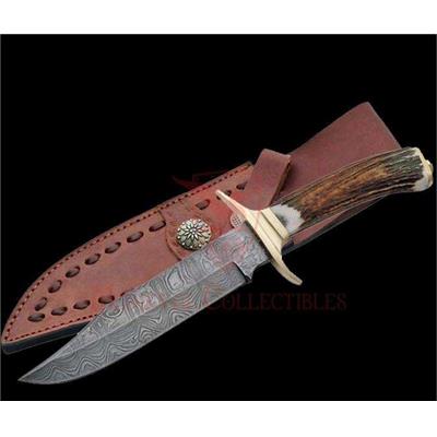 Couteau De Chasse Bowie Lame Damas 128 Couches Manche Bois de Cerf DM1009 - Free Shipping