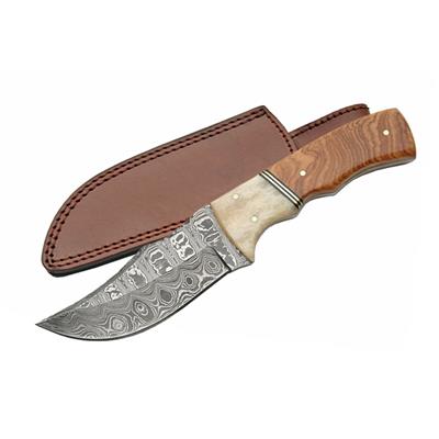Couteau Damas Hunter Wood and Bone Handle 256 Couches Manche Bois/Os Etui Cuir DM1079 - Free Shipping